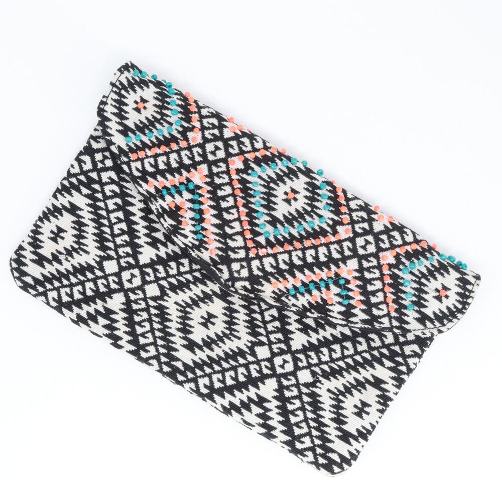 Merona Wallet Women Clutch Multicolor Beaded Cotton Blend Boho Envelope Lined
